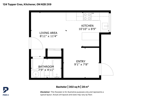 Floor plan for studio, 1 bath